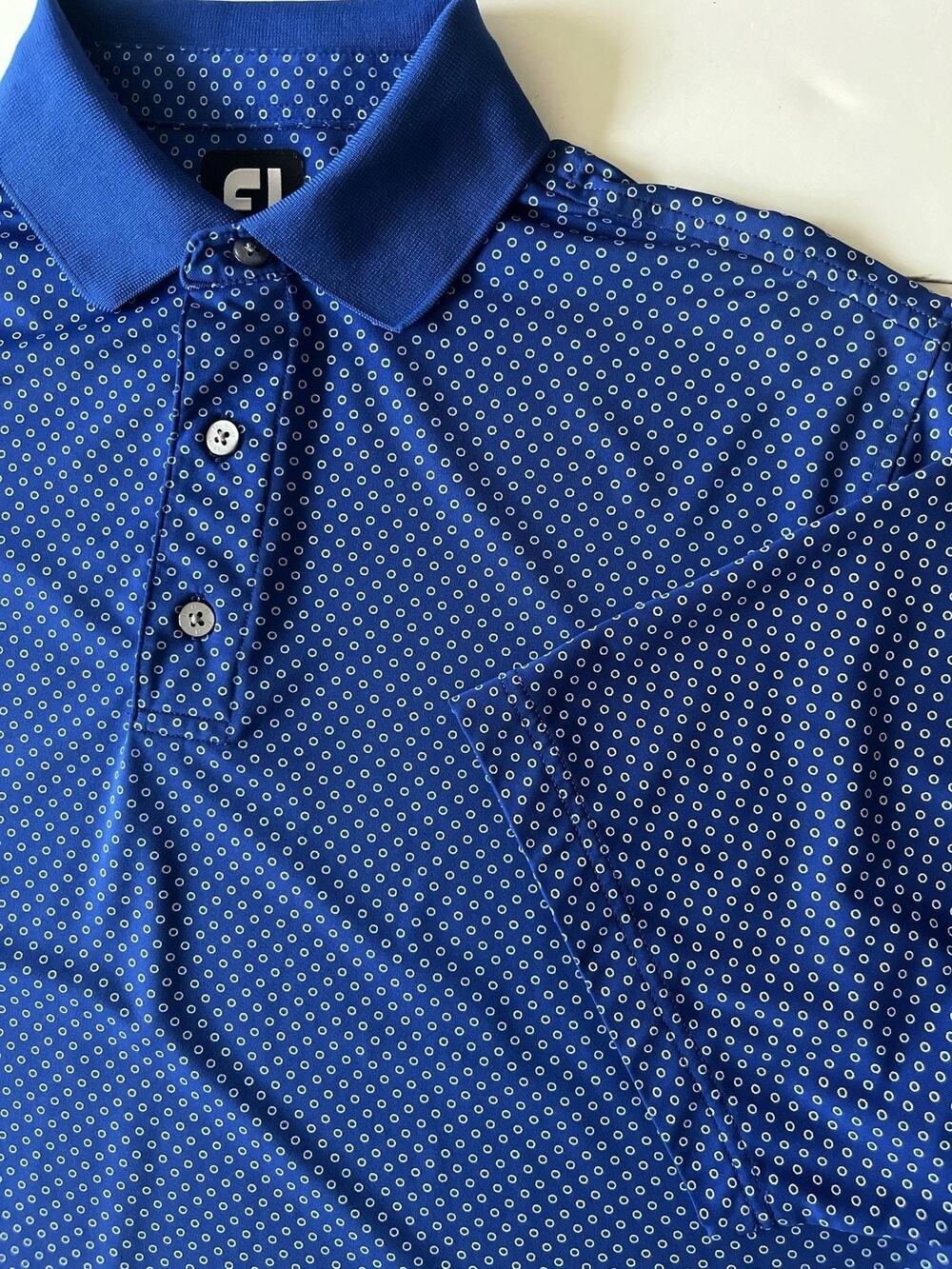 FootJoy Polo Shirt Mens XL Blue Polka Dot Golf Stretch Jersey Performance